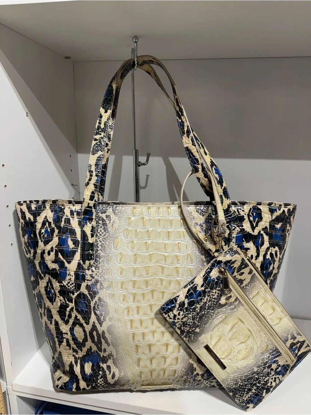 Brahmin Brooke with pouch Croc-Embossed Leopard Tote in Cream and Blue